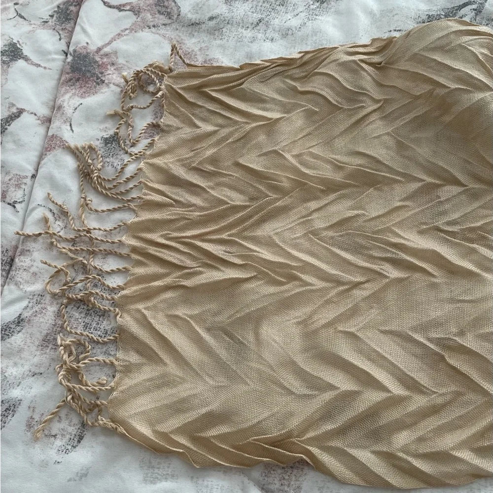 Beige pleated textured acrylic semi sheer scarf with fringe trim, size 69»x15”